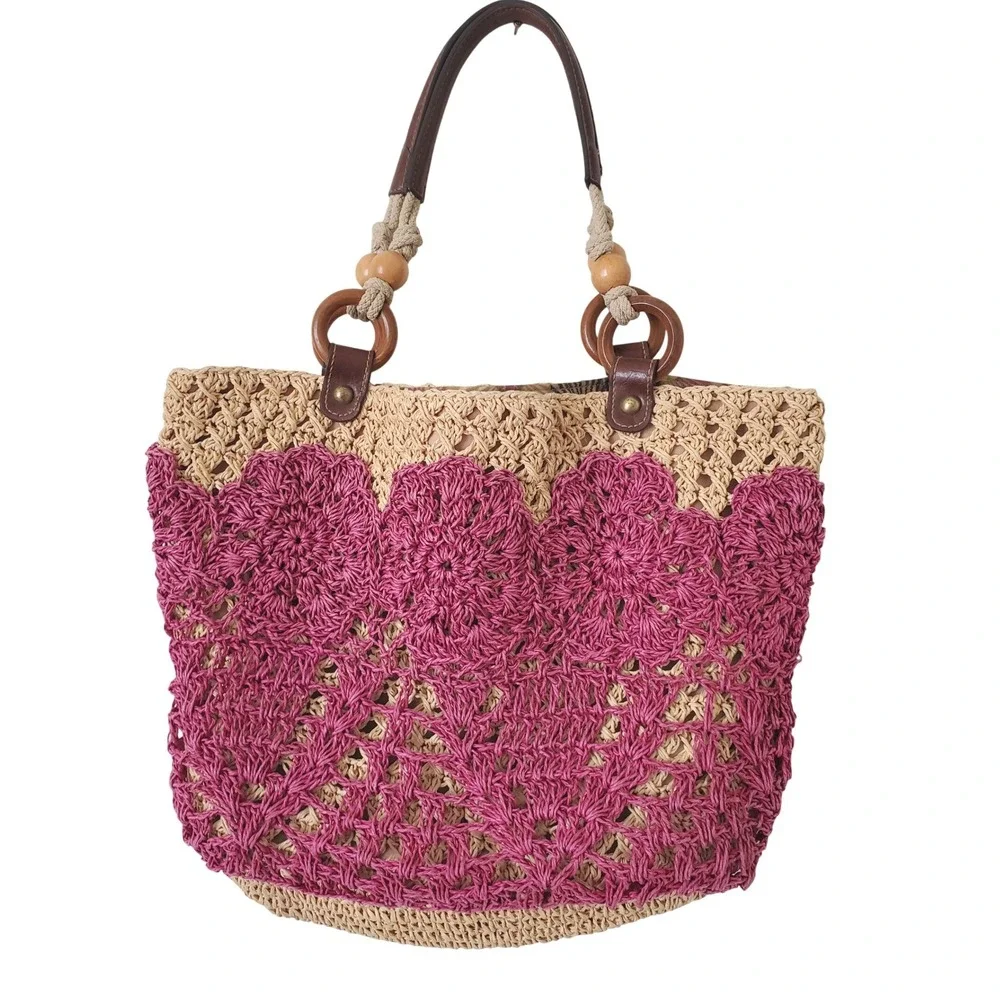 Fossil Straw Crochet Tote Shoulder‎ Bag Pink Beige Wood Beaded Boho Vacation